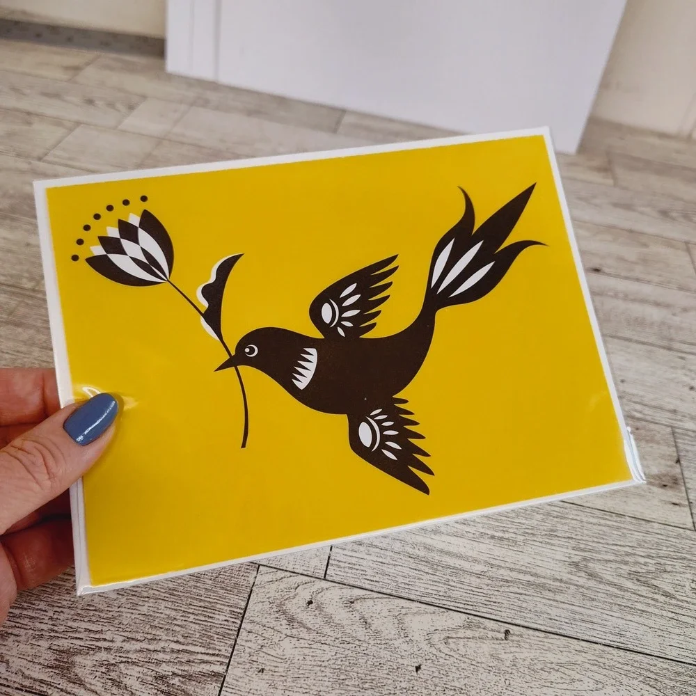 Bird Flower‎ in Beak Greeting Card Blank Stationery Yellow Black Any Occasion
